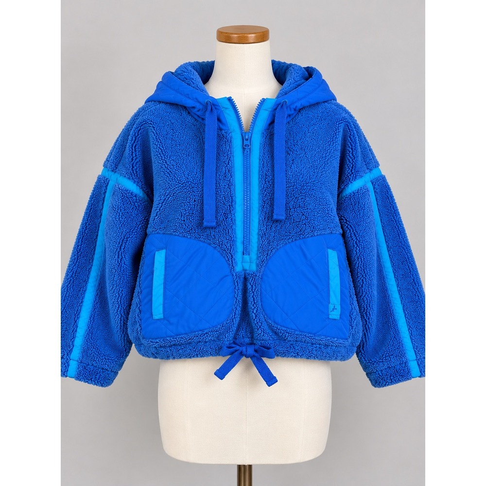 JoyLab Womens Super Sonic Sherpa Fleece Half Zip Hoodie Blue Boxy Fit Small NWT